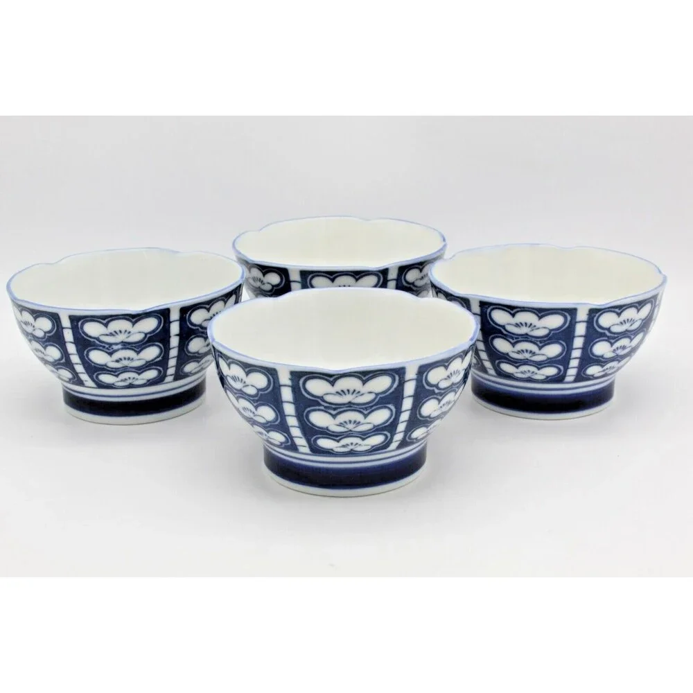 Rice Bowls Ume Japanese Porcelain Set of 4 Blue White Plum Blossom Vintage